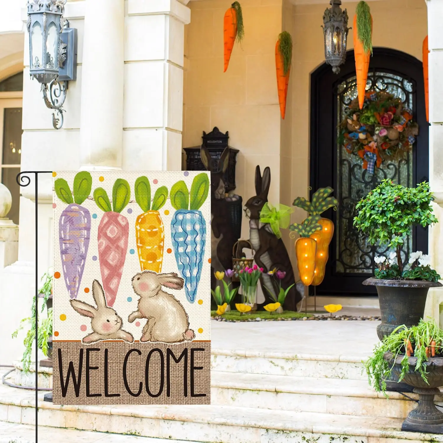 AVOIN colorlife Welcome Easter Garden Flag 12x18 Inch Double Sided Outside, Bunnies Carrots Yard Outdoor Decoration Colorful PPZ
