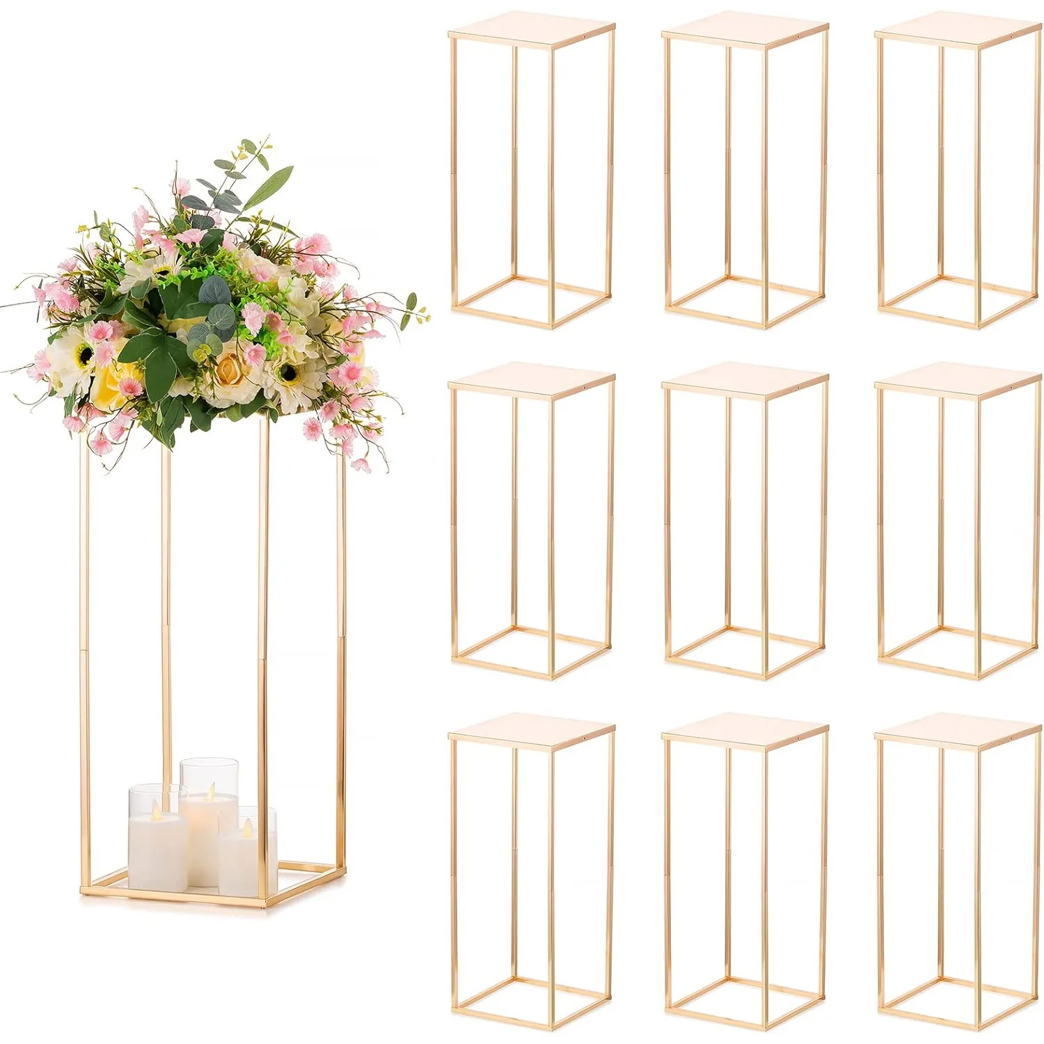 Wedding golden geometric road guide square prop shelf wrought iron square frame flower column wedding arrangement