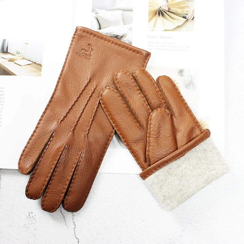 Guantes de cuero genuino para mujer, forro de lana de piel de ciervo, finos, cálidos para otoño, para conducir en motocicleta al aire libre, guantes