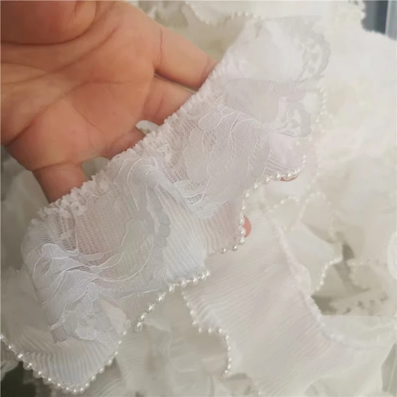 Trendy Chiffon Pleated Beaded Lace Fabric DIY Ms Children's Cuff Skirt Swing Doll Clothes Trim Wedding Accessories Supply Renda