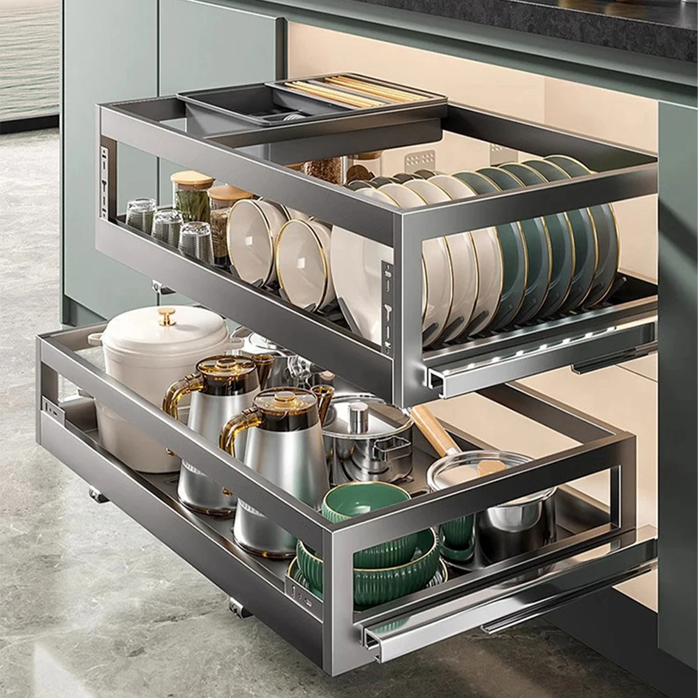 -oo 304 Stainless Steel Double-layer Drawer-style Cabinet Pullout Baskets for Kitchen Cabinets Dark Luxury Modern Dish Rack for