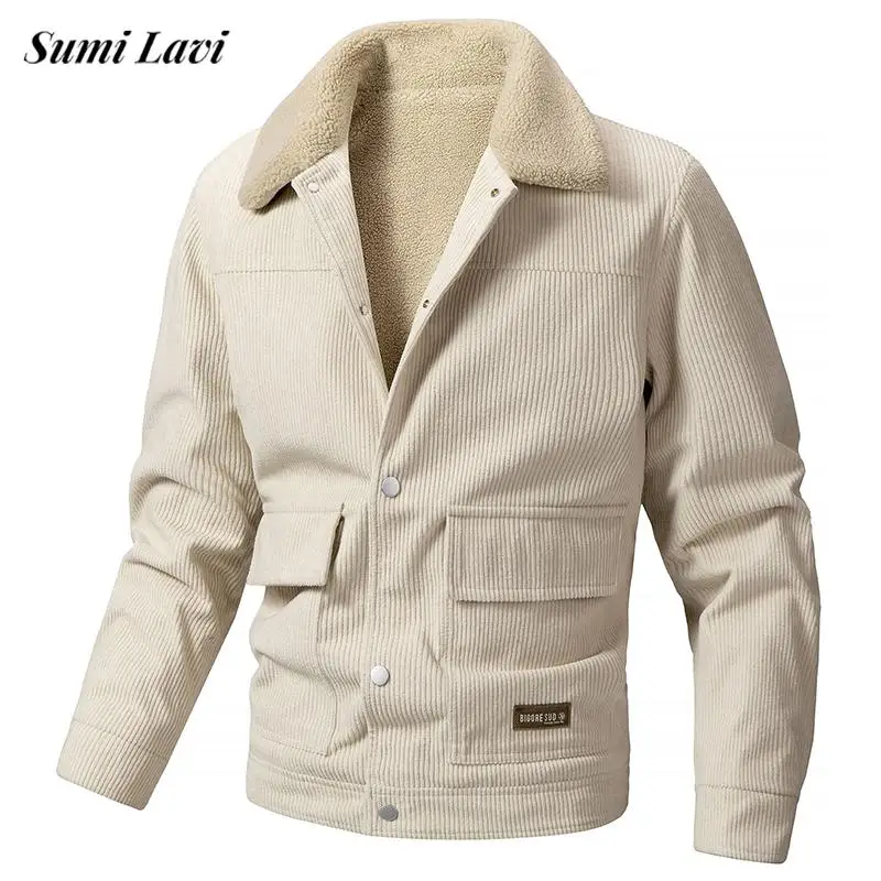 

Fall Winter Warm Thick Fleece Lined Jacket Coat Mens Vintage Lapel Buttoned Outerwear For Men Daily Casual Corduroy Jackets