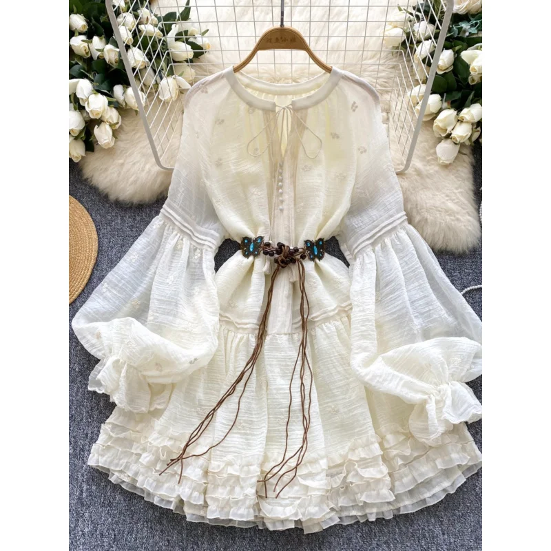 

French Court Style Fairy Dress for Women Sweet Embroidered Tie Waist Lantern Sleeve Ruffle Vacation Puff Dress