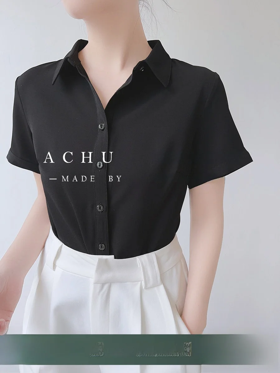 

Achu Commuter Sle OL Bla Chiffon ort Sve irt Women's Summer New Faion Interview Light Maturi Wind Office irt