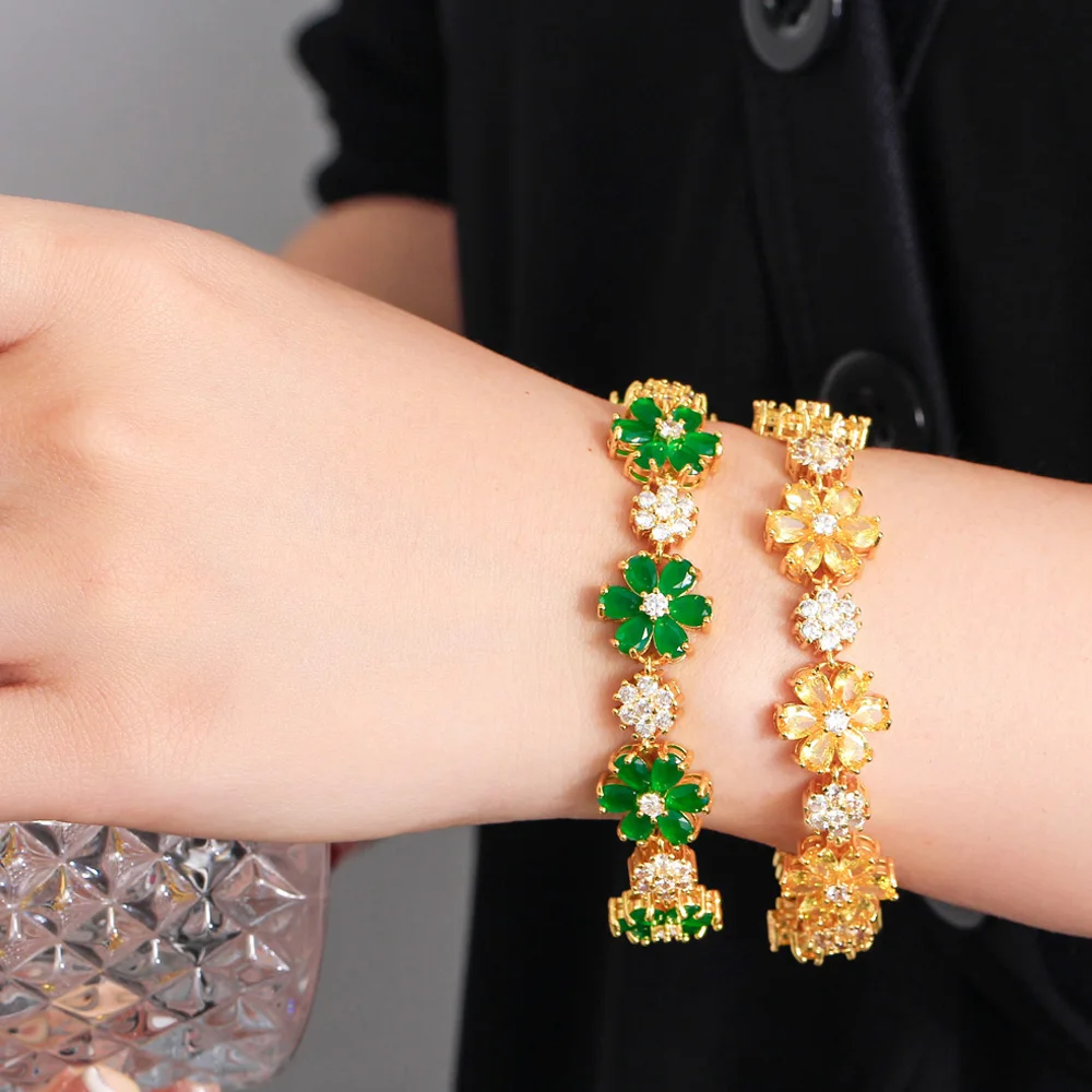 ThreeGraces High Quality Green Cubic Zirconia Gold Color Flower Link Chain Bracelet for Women Fashion Dubai Party Jewelry BR294