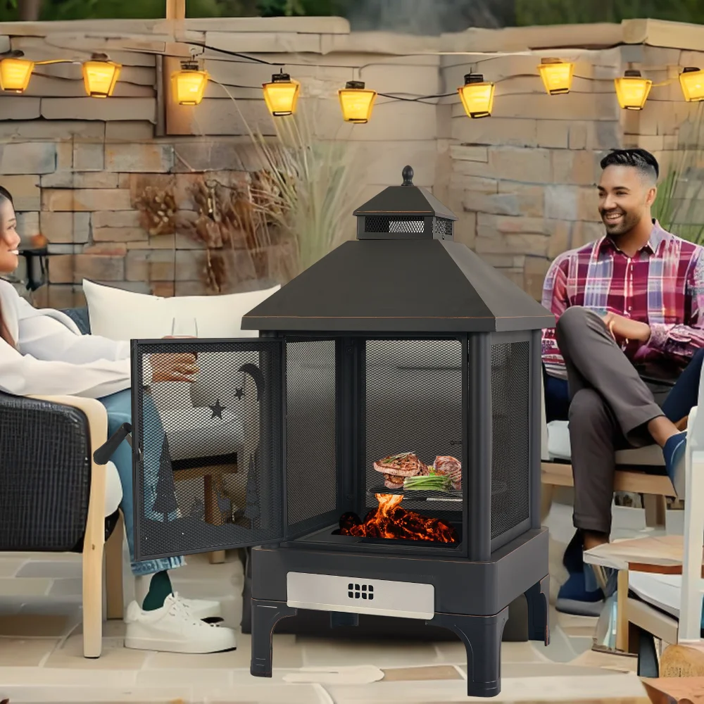 

24.41 Inch Fire Pit,Wood Burning Fire Pit with Screen Doors, Metal Chiminea Fireplace for Patio Backyard Picnic Bonfire Camping