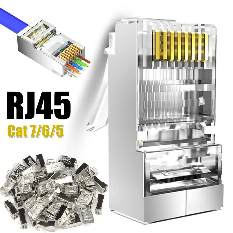 Cat7 Cat6 Shielded Pass Through RJ45 Connectors Cat 5 Gold Plated Modular Plugs for Solid or Stranded FTP/STP Ethernet Cable