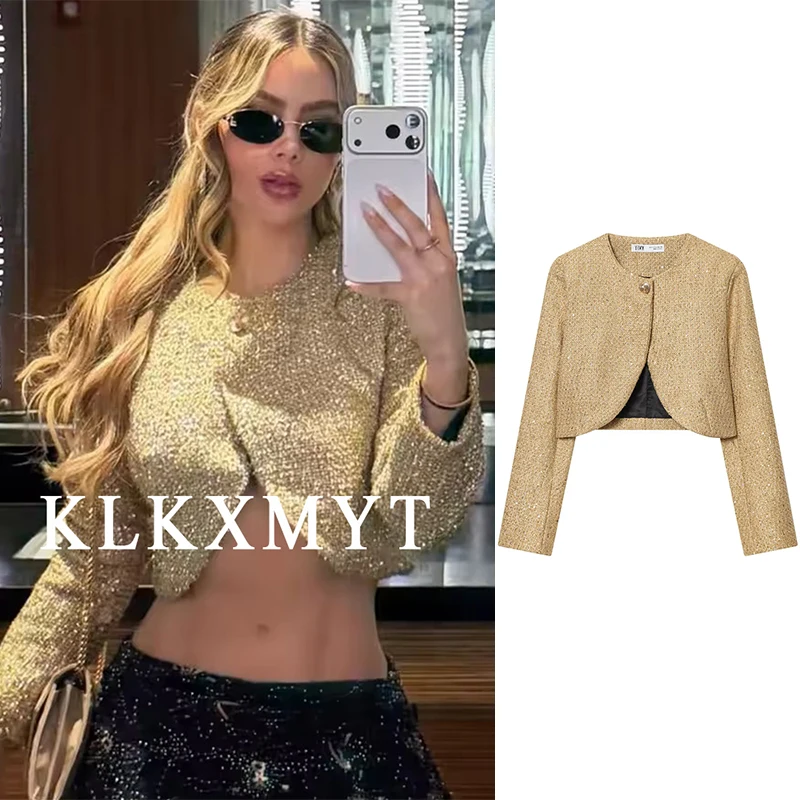 

Women Sequin Decorative Short Jacket 2025 Fall Winter New Solid Color Long Sleeves O-Neck Button Coat Female Fashion Outerwear