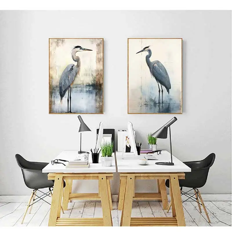 الرجعية الأزرق هيرون المائية نمط الحد الأدنى مارش الطيور الفن الملصقات حائط لوح رسم يطبع صور الساحلية غرفة ديكور المنزل