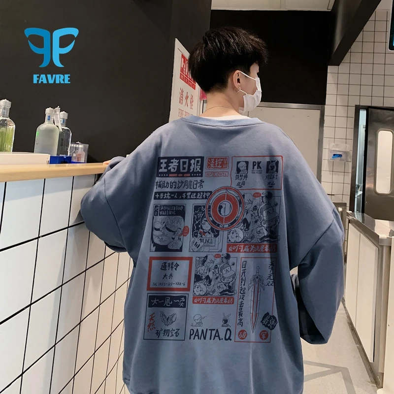 

FAVRE Mens Letter Print Sweatshirts Crewneck Casual Loose Hoodies Fashion Streetwear High Street Japanese-style Y2K Pullovers