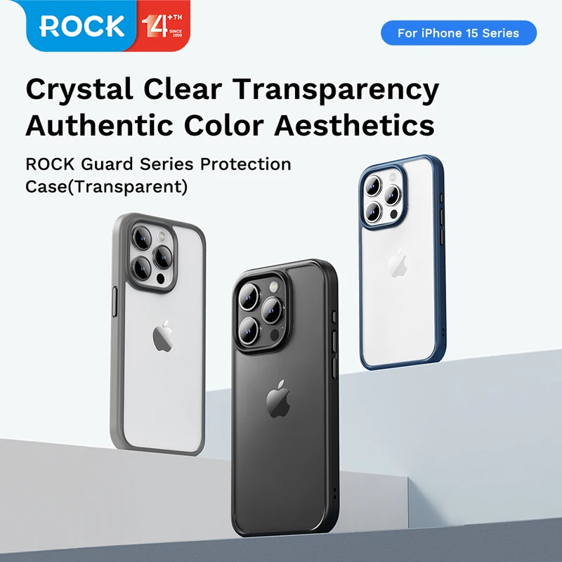 ROCK Brand-Capa traseira à prova de choque para iPhone, capa transparente, ultra fina, PC e TPU, sem casca amarela, iPhone 15 Pro Max