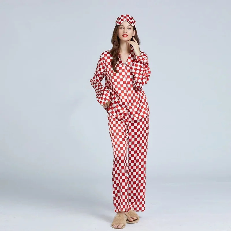 19mm Classic Checkerboard 100% Mulberry Silk Pajamas Women Set Summer Autumn Spring Long-sleeved Two-piece Set Silk Sleepwear