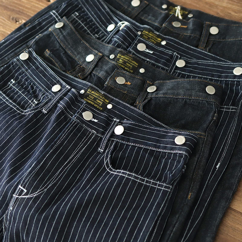 Amekaji Vintage 15Oz Jeans Bergaris Berat Pria Jeans Denim Kargo Multi Saku Warna Polos Baru Musim Gugur Musim Dingin Celana Kasual Retro