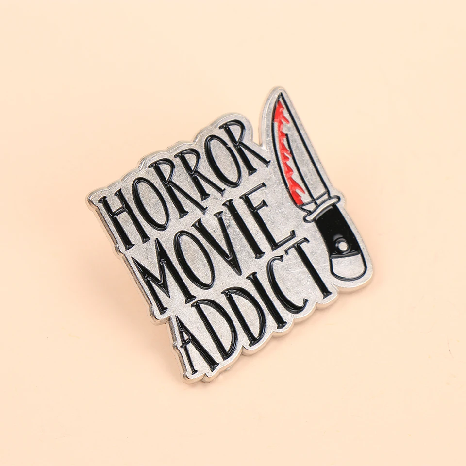 

Punk Dagger Letters HORROR MOVIE ADDICT Enamel Metal Funny Lapel Pins Brooches Badges Clothing Accessories Gift for Friends