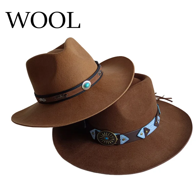 100% Wool Cowboy Hat Unisex Wide Brim Felt Hat Solid Color Classic Fedora Style Multiple