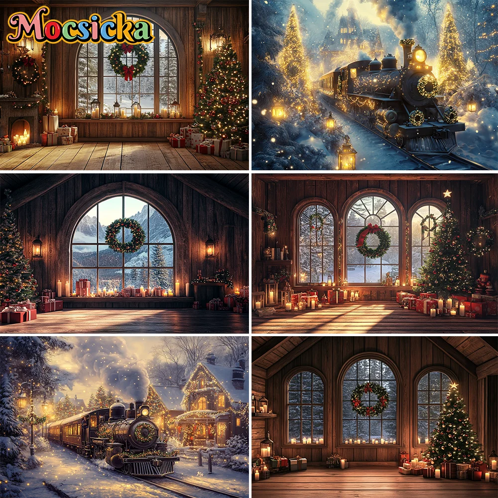 Christmas Tree Teddy Bear Photography Backdrop Custom Gift Teddy Bear Window Background Child Birthday Room Decoration Poster