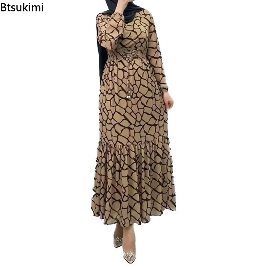 Muslim Elegant Print Dress Abaya for Women Fashion High Waist Long Sleeve Arab Islamic Clothing Mid East Turkish Evening Dresses