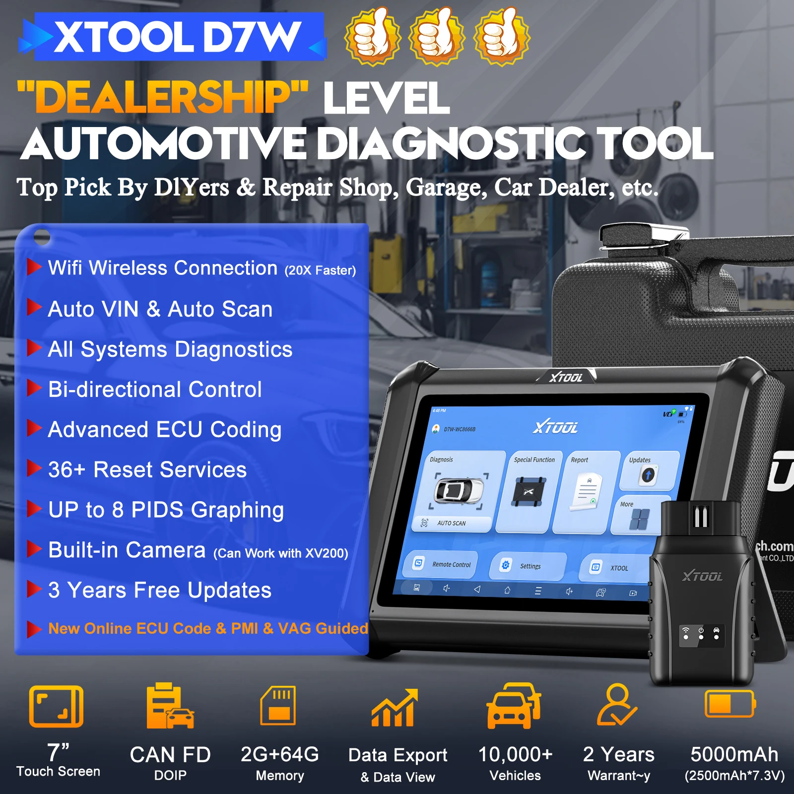 XTOOL D7W Bluetooth Diagnostic Tool All System Automotive Scanner Bi-Directional Control ECU Online Code Built in CAN FD DOIP