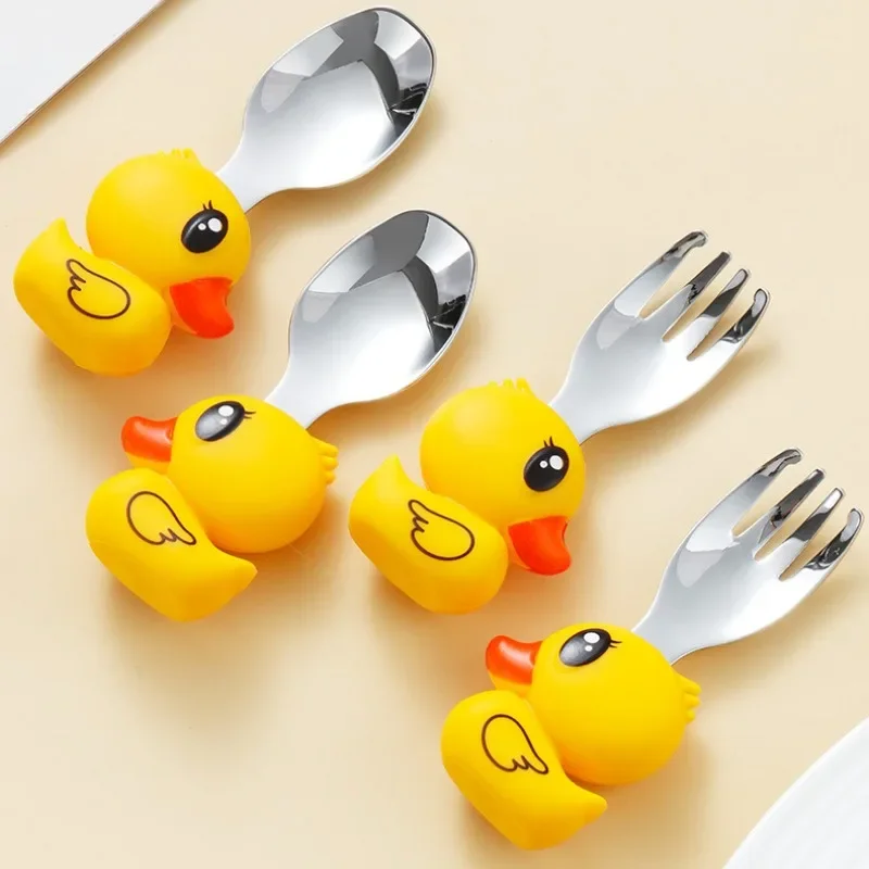 304 Stainless Steel Baby Complementary Feeding Tableware Cartoon Small Yellow Duck Portable Spoon and Fork Set Tableware