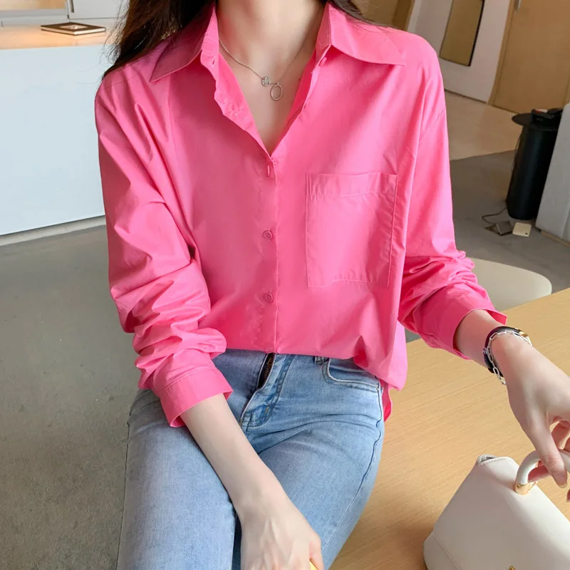 Women Purple Tunics Pockets High Quality Shirts Spring Loose Daily Casual Solid Blouse Female Top Fashion 9 Colors Shirts