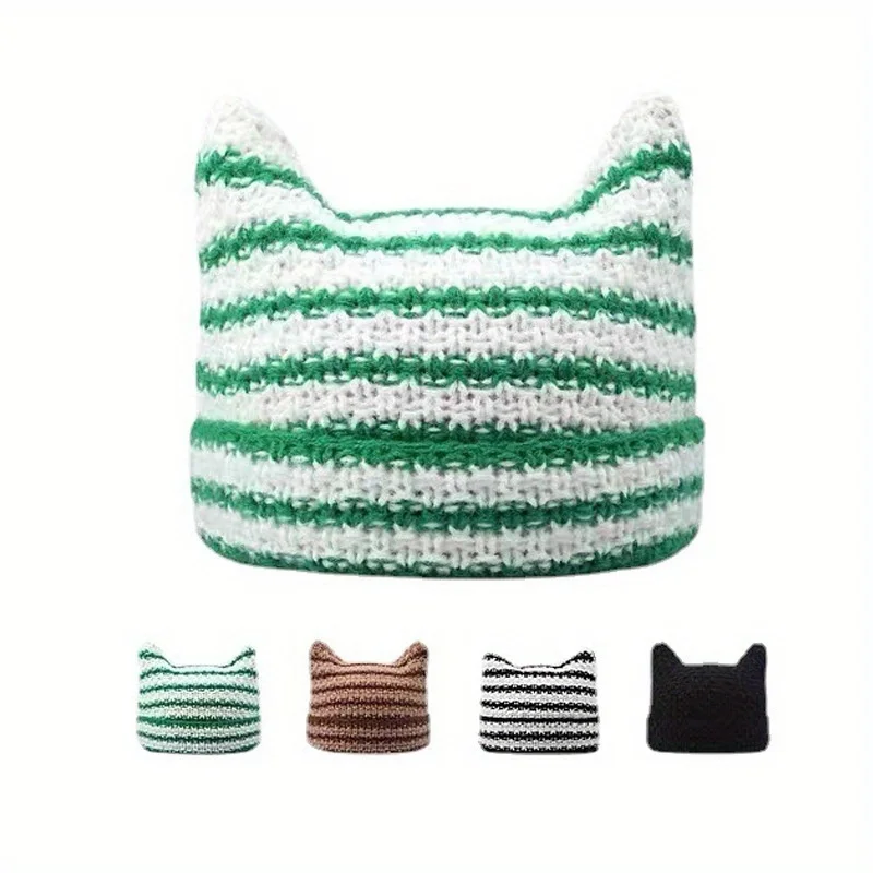 

Ear Flap Demons Stripe Knit Beanie for Women Cute Streetwear Fashion Winter Warm Stretchy Skull Cap Trendy Slouchy Hat