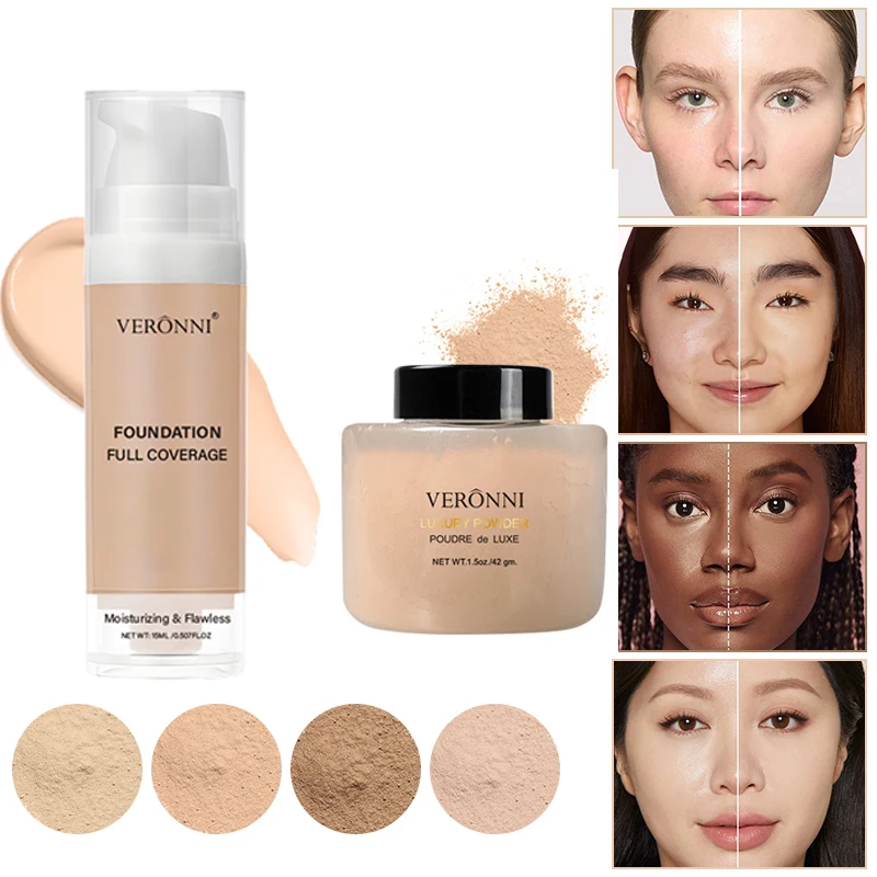 Kit de maquiagem facial para iniciantes, 2 peças, base líquida de cobertura total, pó solto fosco, maquiagem impecável de longa duração para todos os tipos de pele