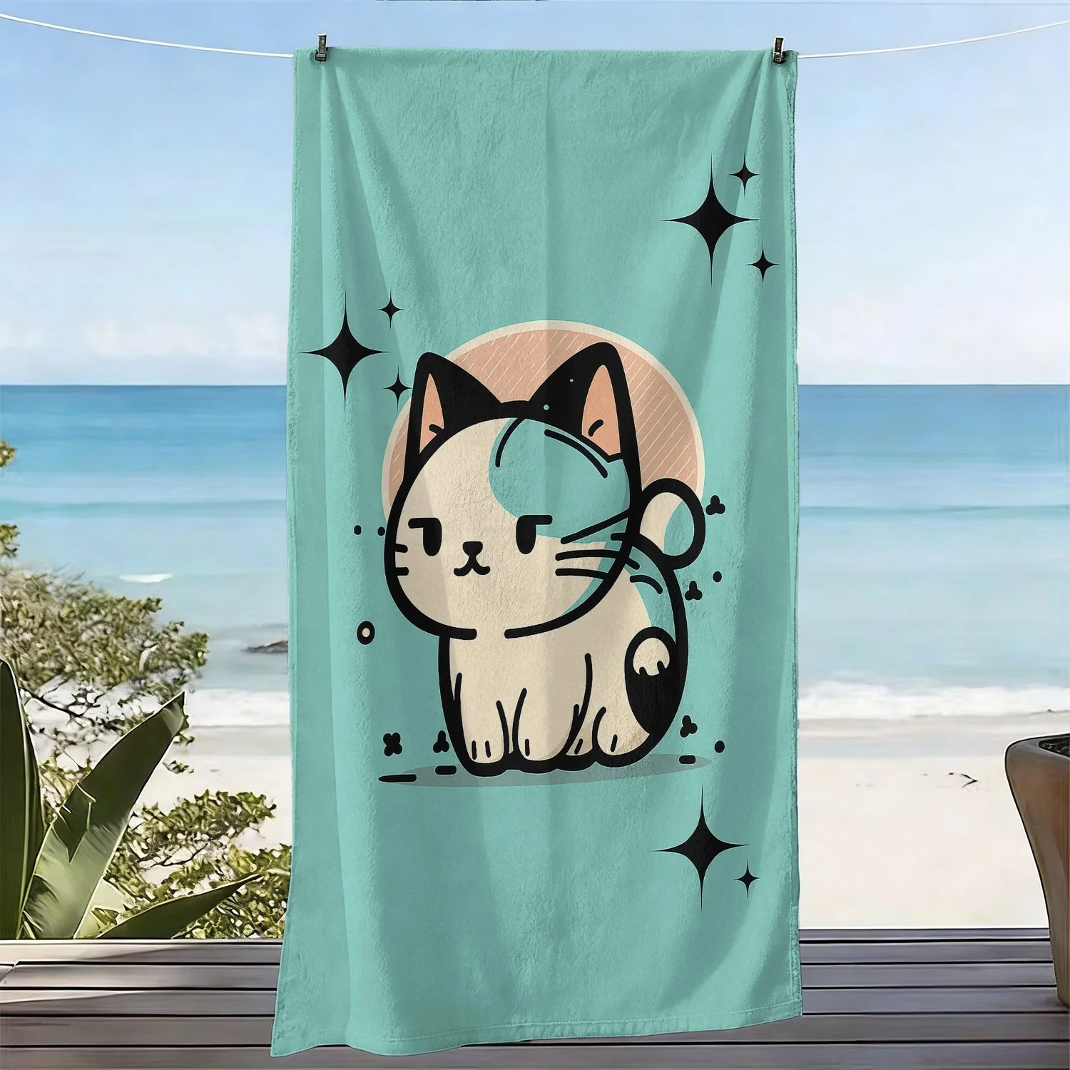 1pc, Oversized Soft Beach Towel in a Cartoon Cat Style, Featuring a Star Print Design, Made of Ultra-Fine Microfiber, Quick-Dryi