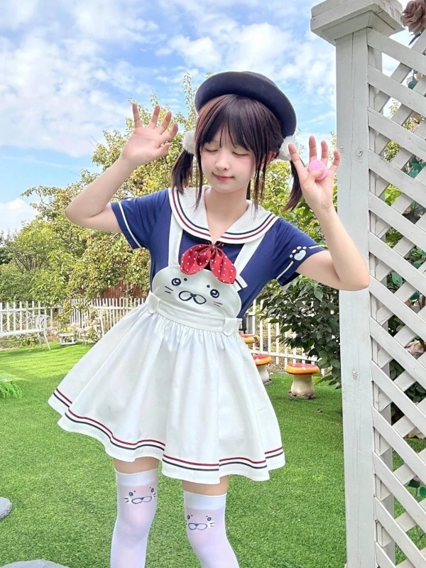 الصيف كلية Sle الحلو الياقة البحرية البولكا نقطة طباعة عقدة ort Sve أعلى مع حزام Cinching الخصر ort تنورة... #3