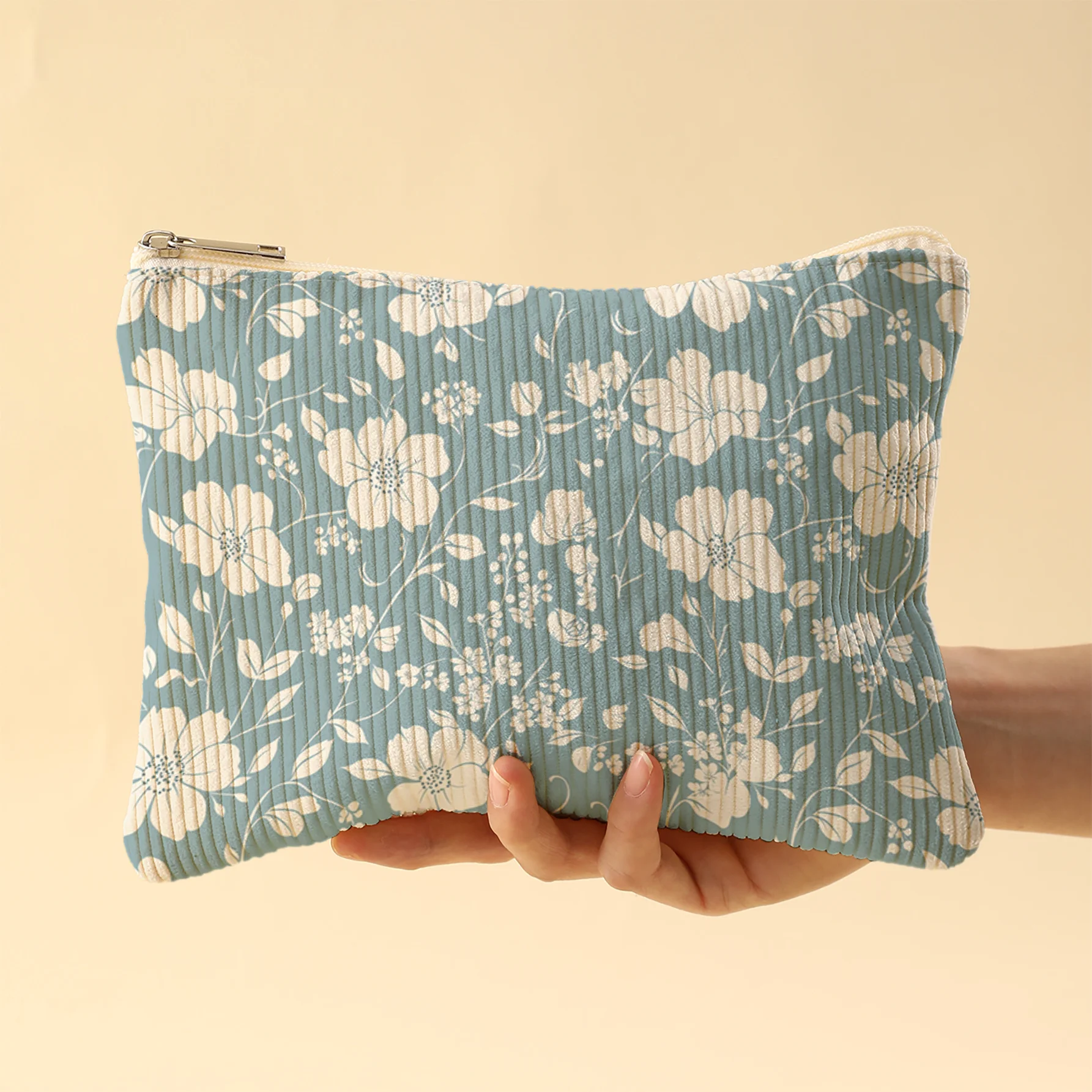 Corduroy Cosmetic Bag Light Blue Background Flower Print Zipper Makeup Pouch Large Capacity Travel Storage Purse Korea Style