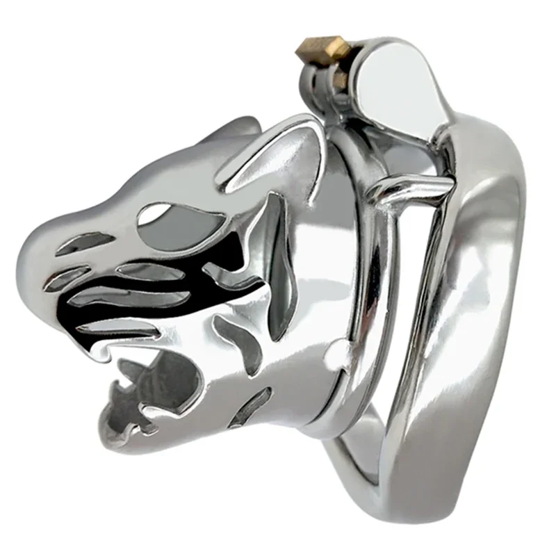 Faak stainless steel leopard tiger head shape cage male chastity device cock ring penis lock adult game Metal sex toy