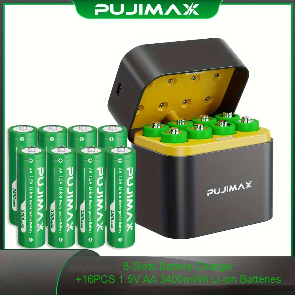 PUJIMAX Oplaadbare Li-ion AA-batterijen 1,5 V AA 3400 mWh lithium-ionbatterij + oplader Klokradio Videogame digitale batterij