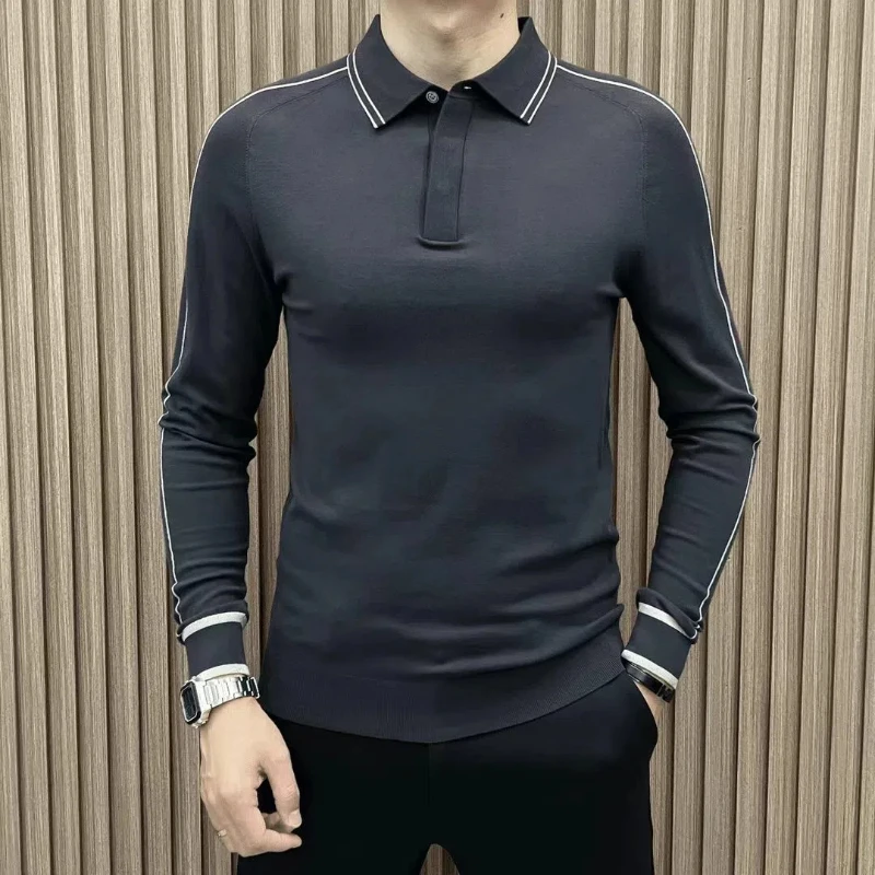 Men's Clothing Solid Color Pullover Button Long Sleeve Spring Autumn Turn-down Collar Casual T-shirt Fashionable Formal Tops