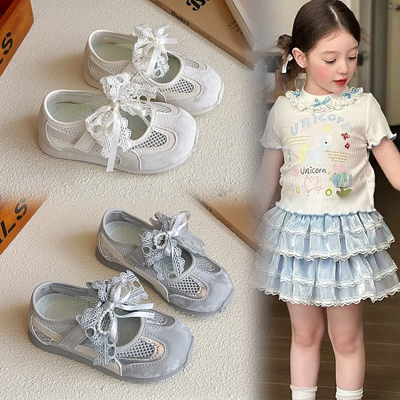 Girls Casual Sandals Sweet Pearl Lace Bow Kids Princess Shoes Soft Sole Non-slip 2026 Summer New Children Beach Shoes Versatile