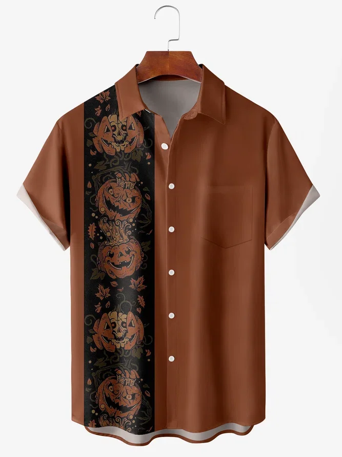 New Men's Halloween Shirt Pumpkin Print Moisture Wicking Fabric Fashion Lapel Short Sleeve Shirts Tops Party Wear