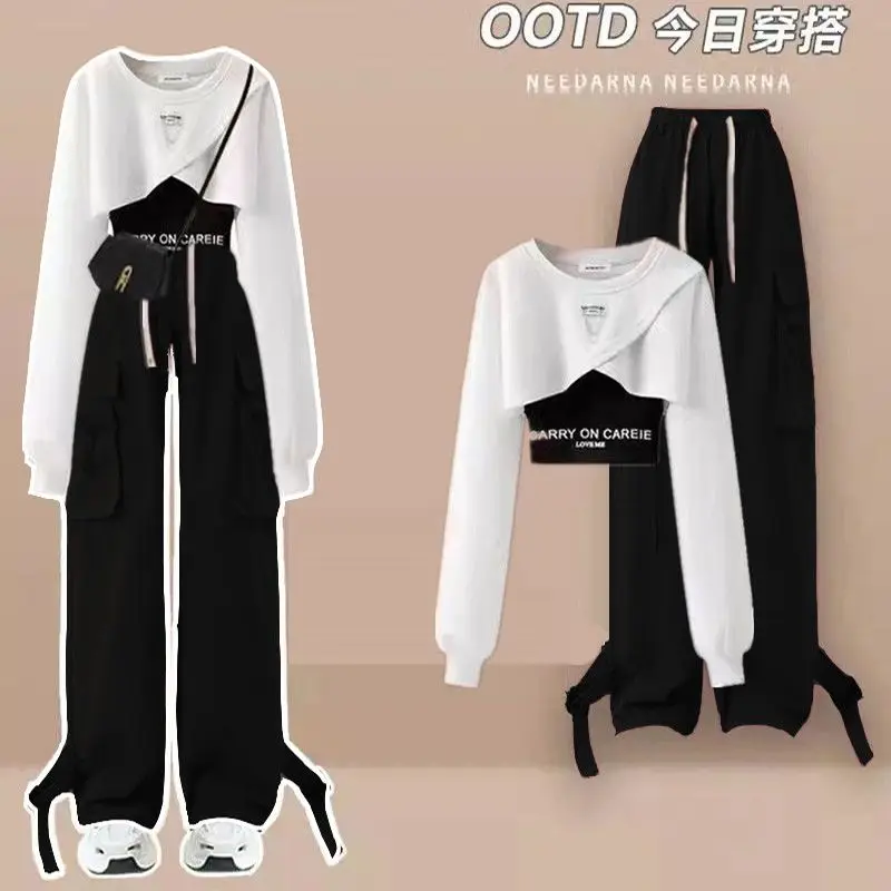 Spring/Summer Set Women\'s Korean Loose Design Casual Top+suspender+work Wide Leg Pants Three Piece Set Trendy