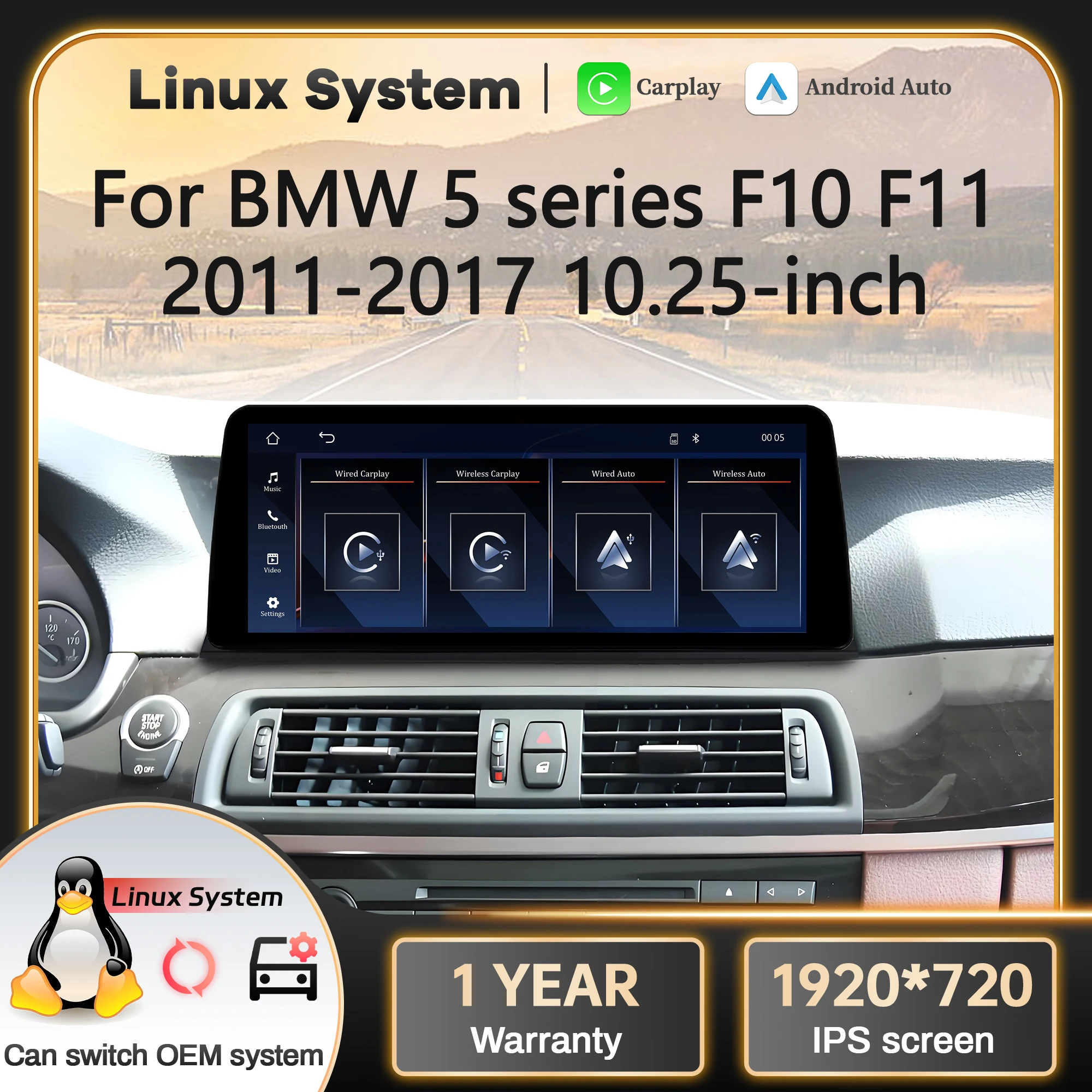 Linux Multimedia Screen For BMW 5 series F10 F11 2011-2017 CIC NBT System Wireless Bluetooth Carplay Android Auto