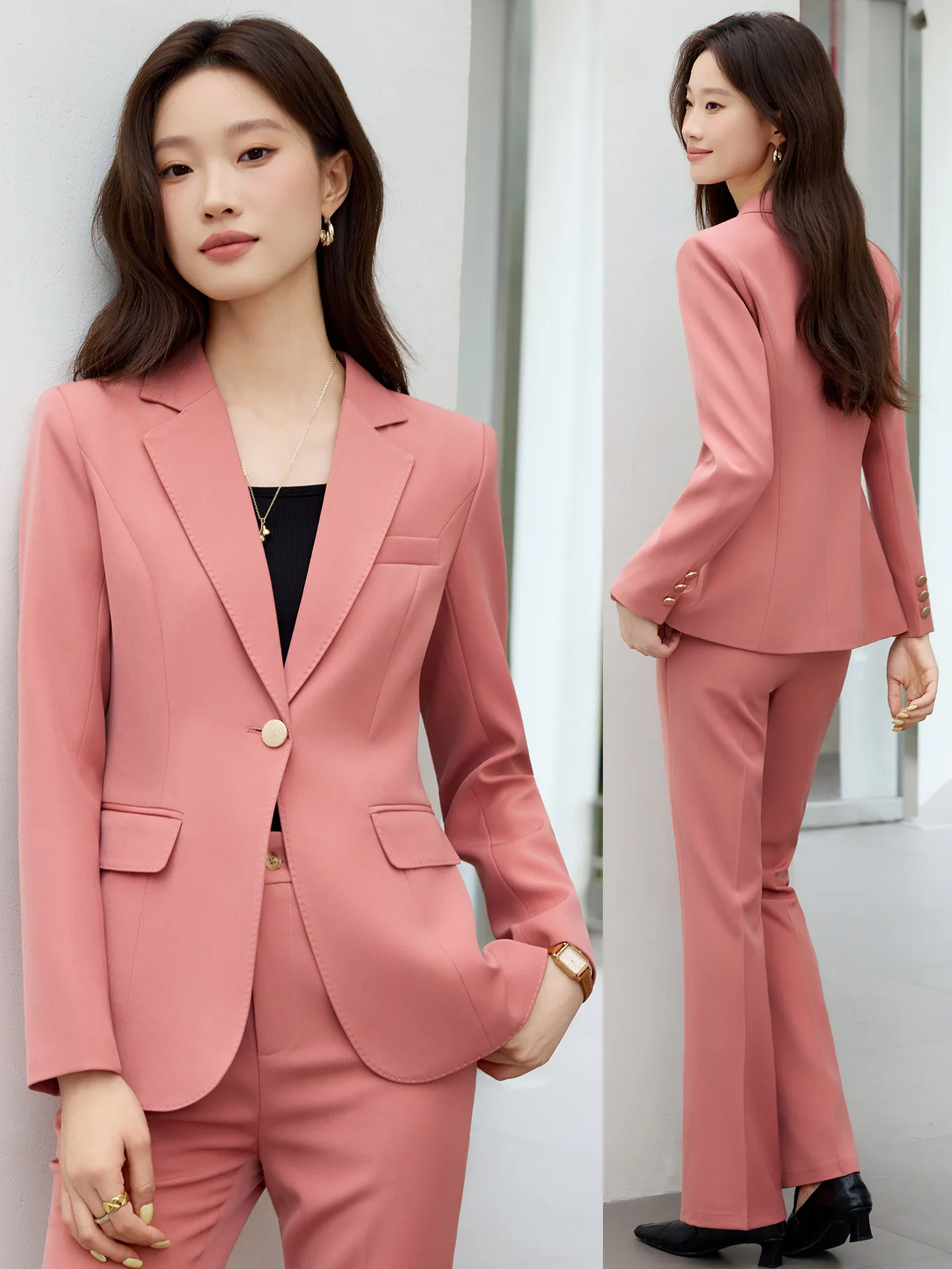

Pink Suit Set Women's Formal Fashion High End Businesswear Jacket Waist Shaping Three Button Cuff Polyester Fiber Interview Suit