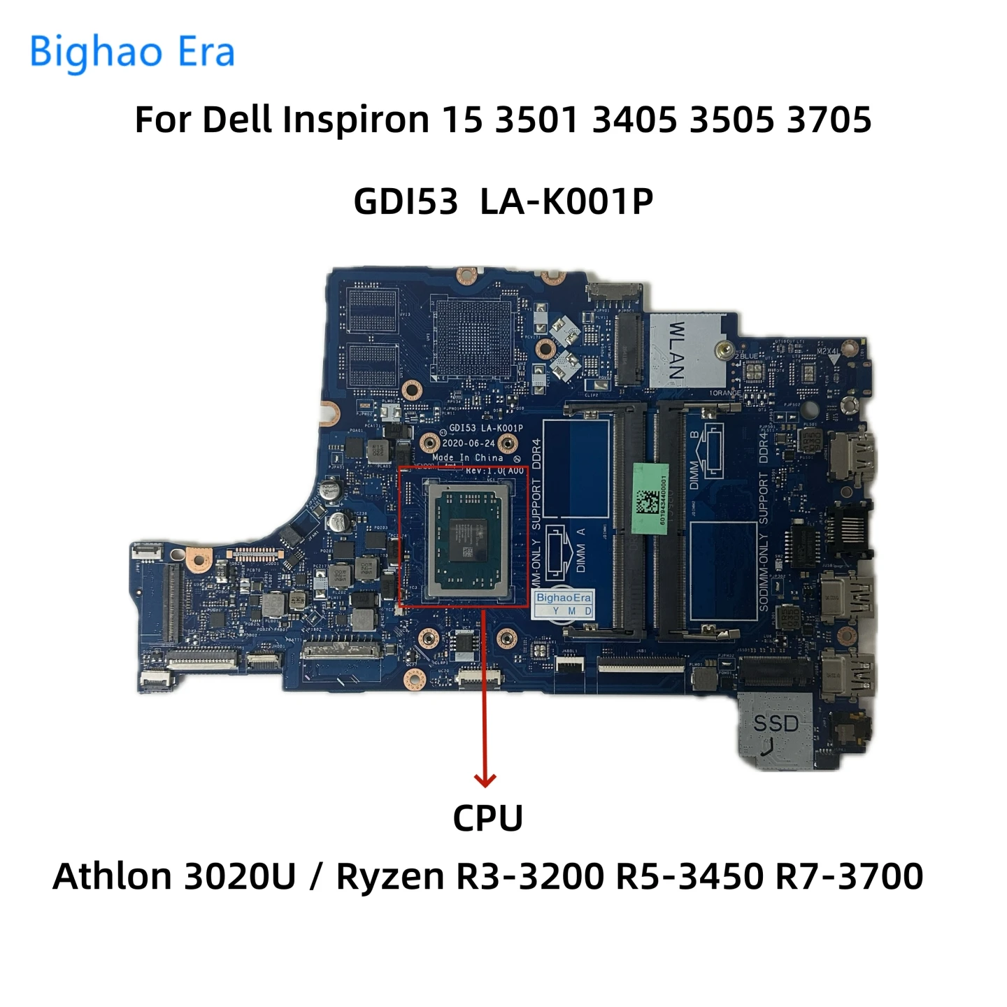 GDI53 LA-K001P For Dell Inspiron 15 3501 3505 3405 3705 Laptop Motherboard With R3-3200 R5-3450 R7-3700 CPU CN-05HPX6 00VPNP