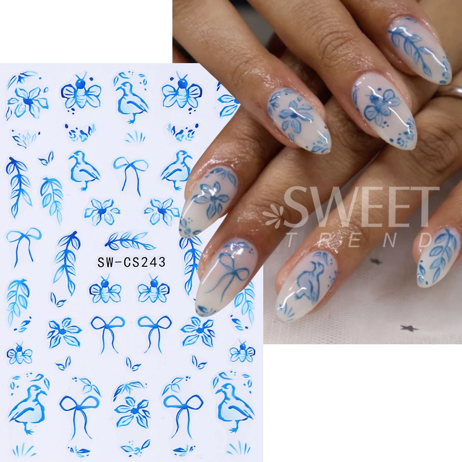 Autocollants pour ongles à fleurs bleues, 3 pièces, ligne française 3D, nœud floral, animaux de l'océan, étoile de mer, bricolage, décoration de manucure élégante pour printemps et été