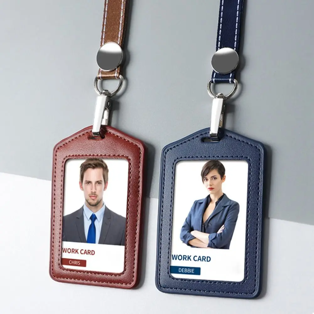 목 끈이있는 고품질 정품 가죽 작업 카드 홀더 솔리드 컬러 ID 카드 커버 사무원 용품