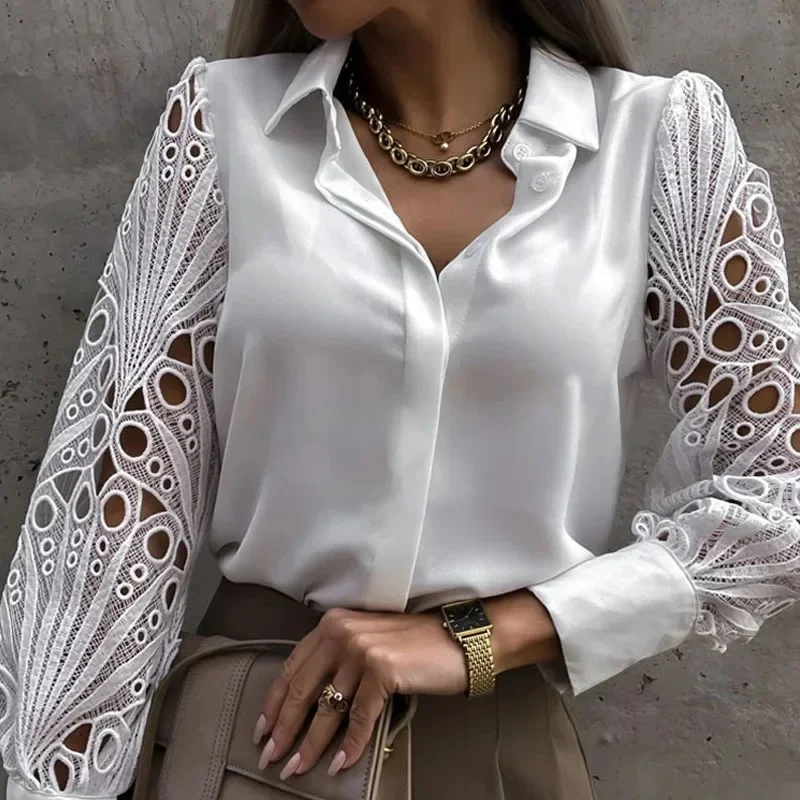 White Sexy Lace Hollow out Women Blouse Autumn Spring Black Top Vintage Button Up Shirts Long Sleeve Tops