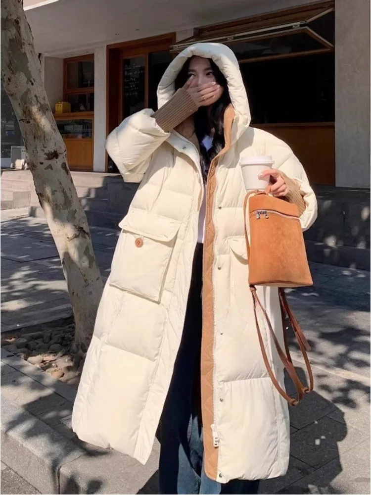 Korean Down Jackets Hooded Women Coats Long 2024 Plus Size White Duck Loose Thick warm Parkas Sweet Puffer Clothes