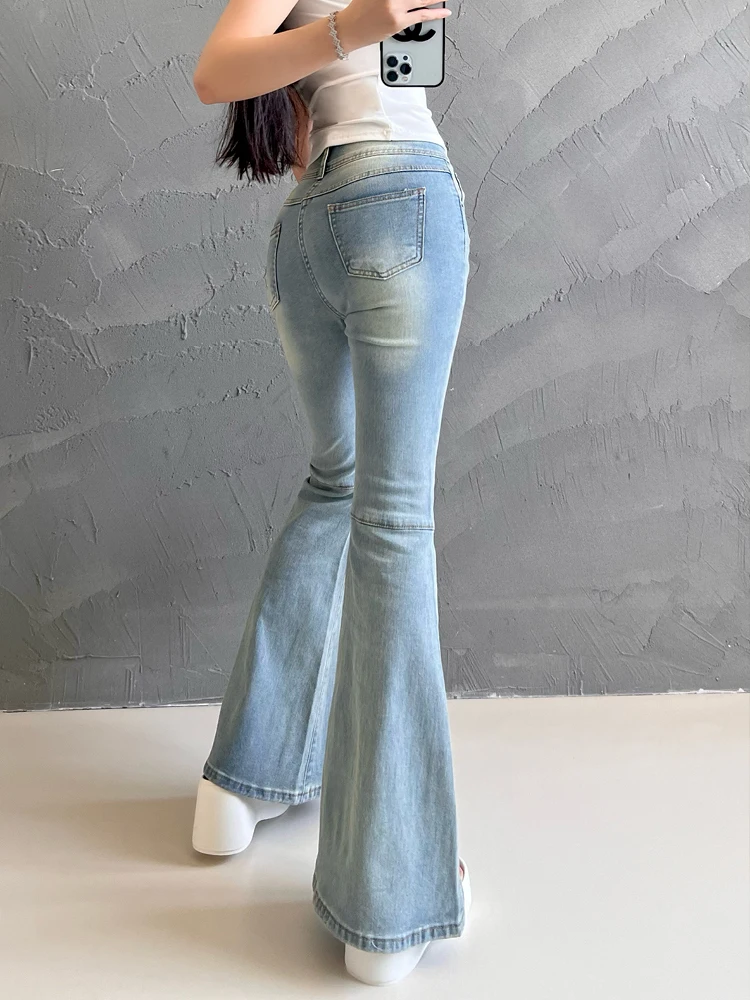 Jeans Washed Blue Women's Summer High Waisted Spicy Girl Micro Flared Pants Horseshoe Pants Slim Jeans Blue Sweet Pants 8ZKT