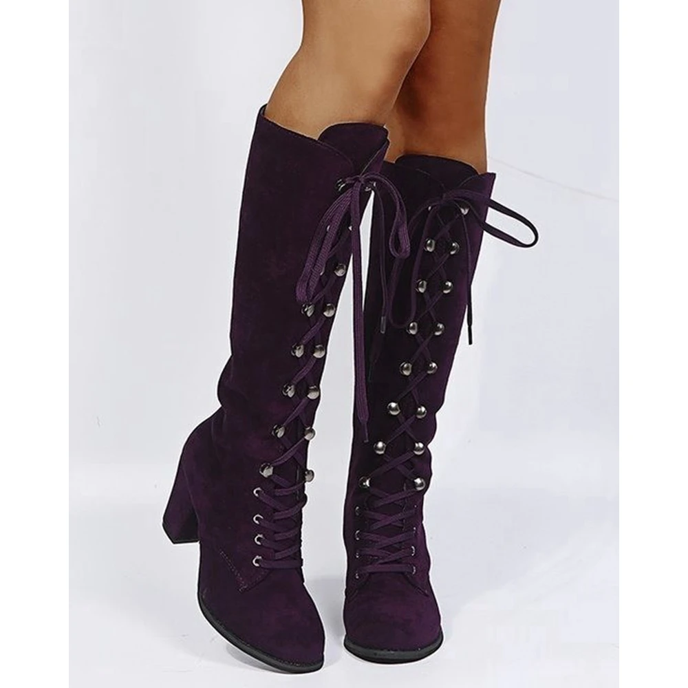 

Winter Suede Lace Up Round Toe Chunky Heel High Boots