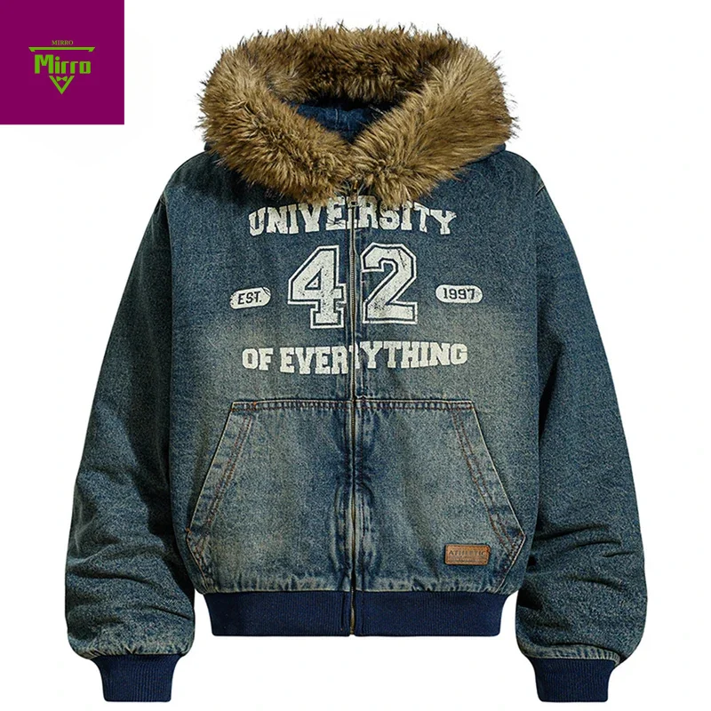 

Зимние джинсовые куртки мужские с меховым воротником утепленные парки винтажные синие стеганые пальто уличная одежда Harajuku куртки в стиле хип-хоп