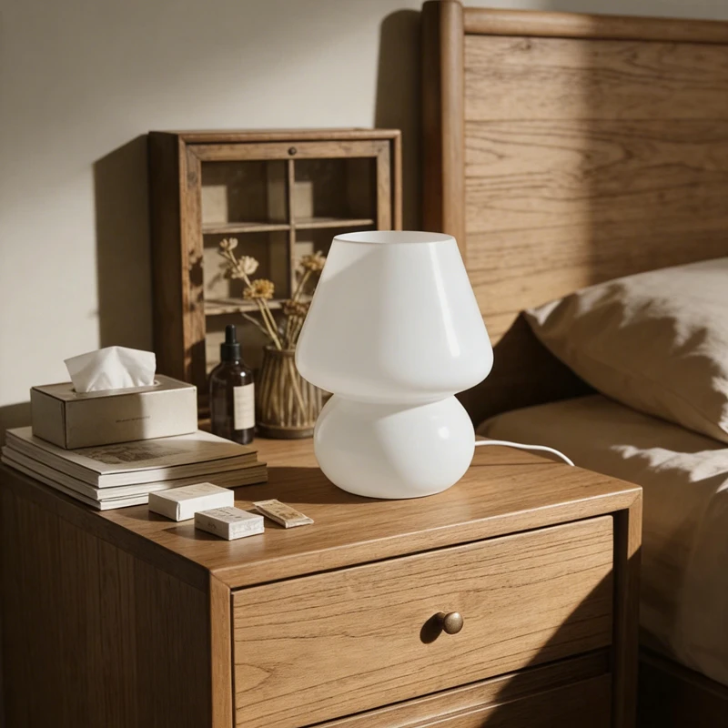 フレンチクリームミッドセンチュリーガラスマッシュルームテーブルランプホワイト高級ギフト女の子の寝室ベッドサイドインアンビエントランプ