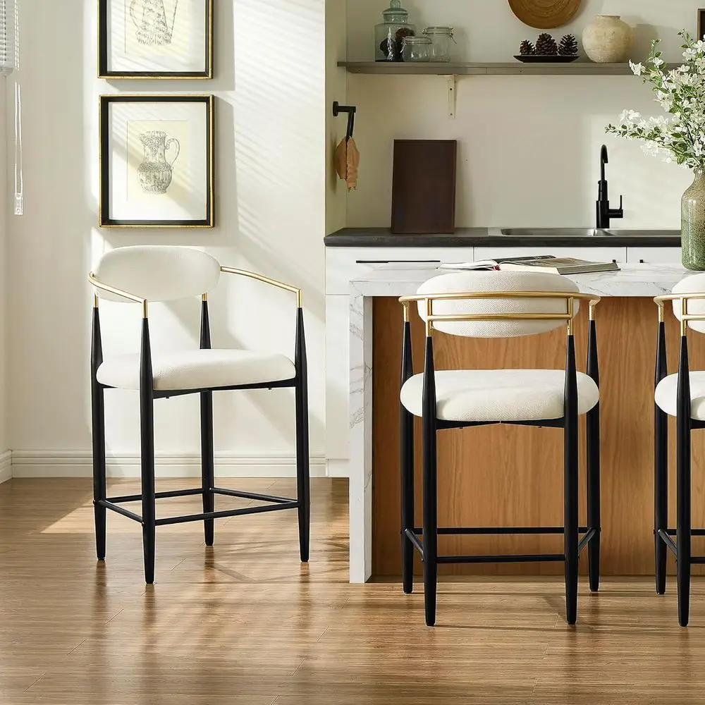 

Cushioned Counter Height Bar Stools Set of 2 with Arms, White Kitchen Island Chairs, Black Legs, Gold Accents