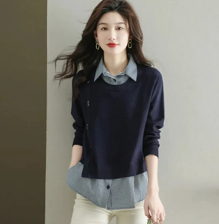 루즈핏 여성 셔츠 스트라이프 니트 탑 한국 스타일 봄 가을 겨울 신상품