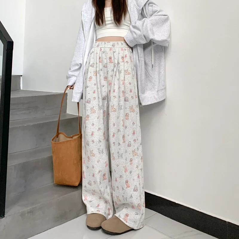 Women's Light Grey Pet Printed Cute Casual Pants Y2K Japanese Harajuku Streetwear 2000s Style Academy Retro Pants Clothing 2024