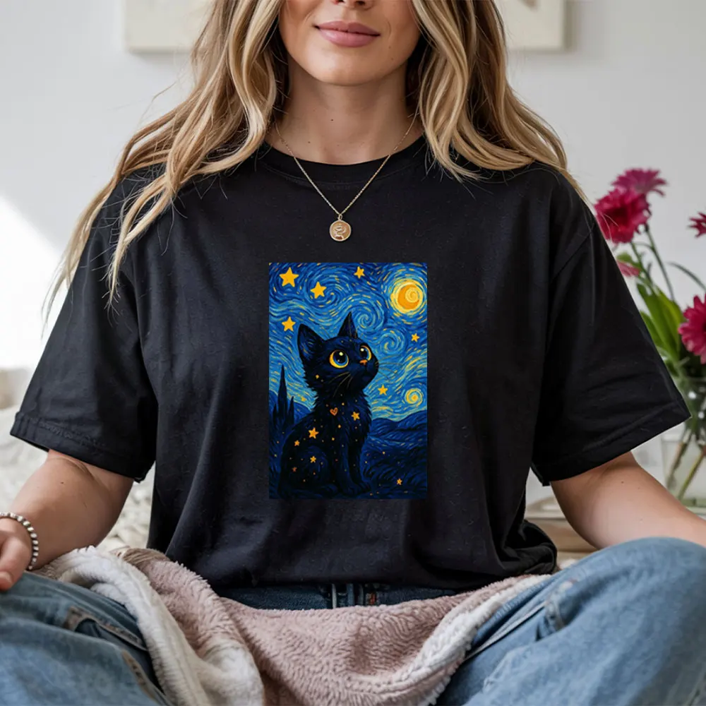 Starry Night Black Cat Iron On Transfers Animal BOHO Heat Transfer Stickers for T-shirts DIY Clothing Patches for Kids Women